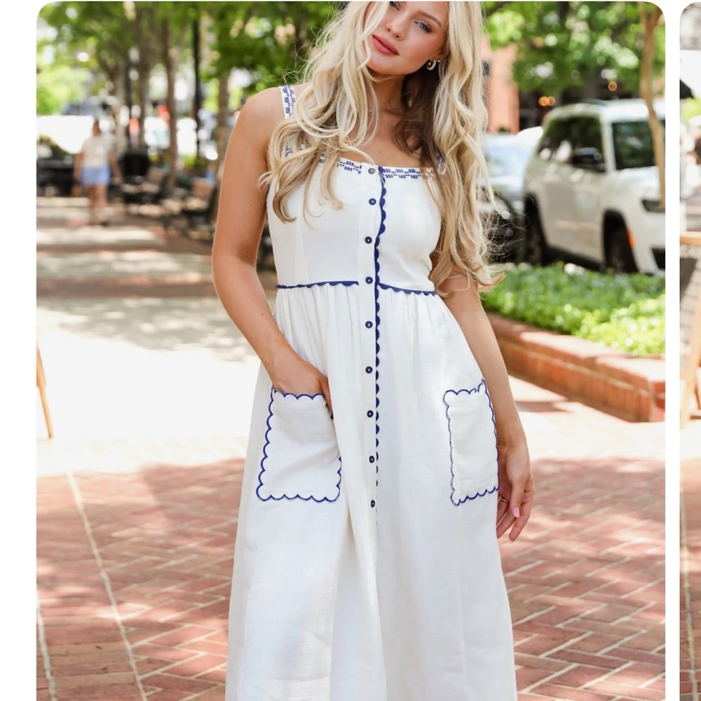 Ivory Midi Dress with Blue Trim